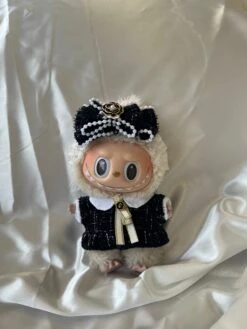 Labubu Tweed Elegance Set - Black Pearl Bow & Gold Brooch Detail (17cm)