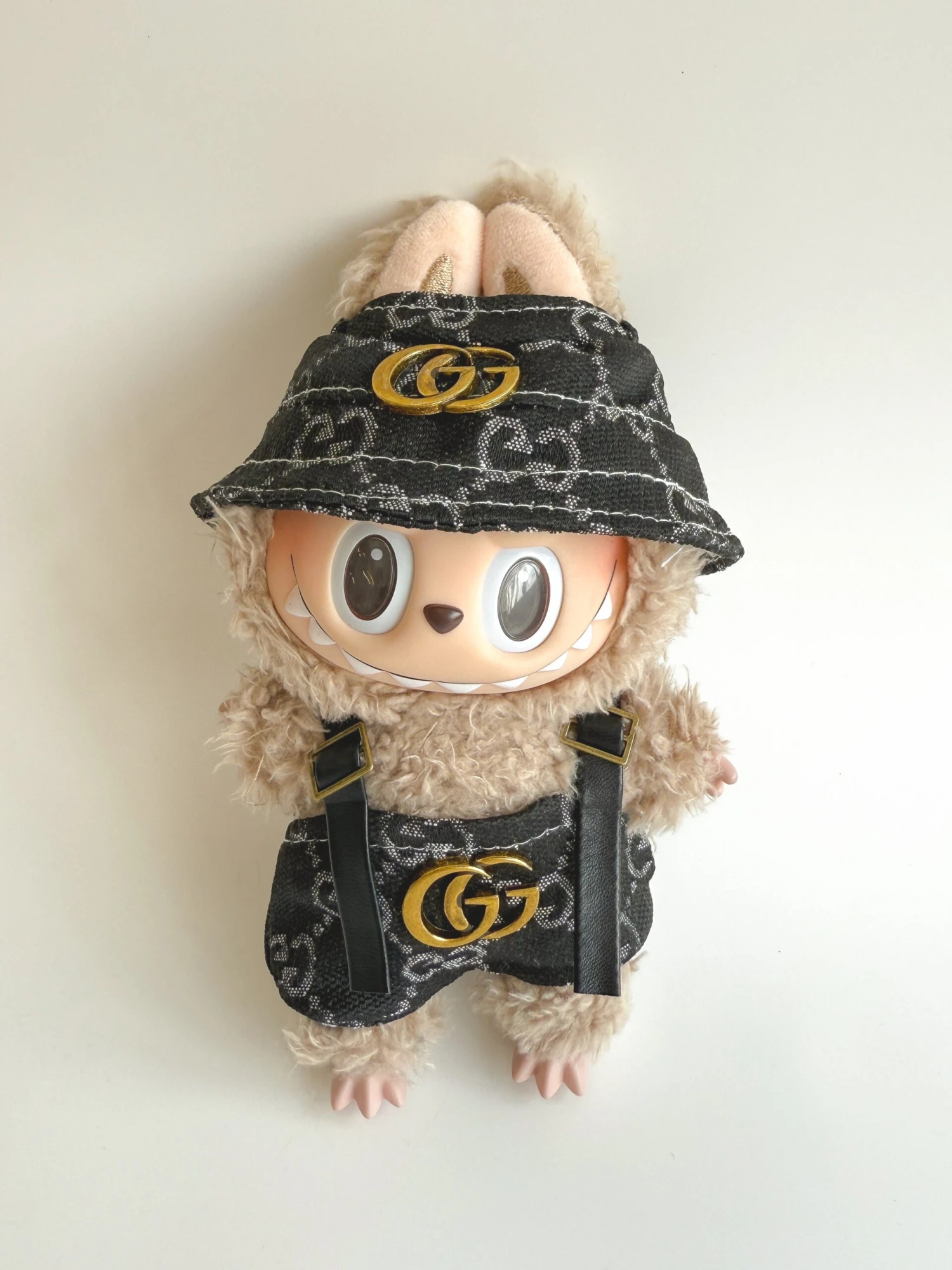 Labubu Black Monogram Bucket Hat & Overalls Set - GG Inspired 3 Labubu Black Monogram Bucket Hat & Overalls Set - GG Inspired
