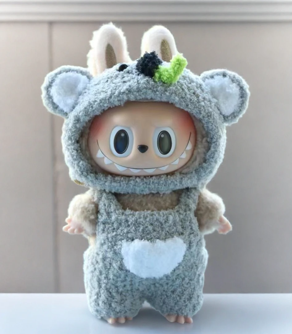 Labubu Koala Costume Set - Fuzzy Gray Onesie With Ears (17cm) 3 Labubu Koala Costume Set - Fuzzy Gray Onesie With Ears (17cm)