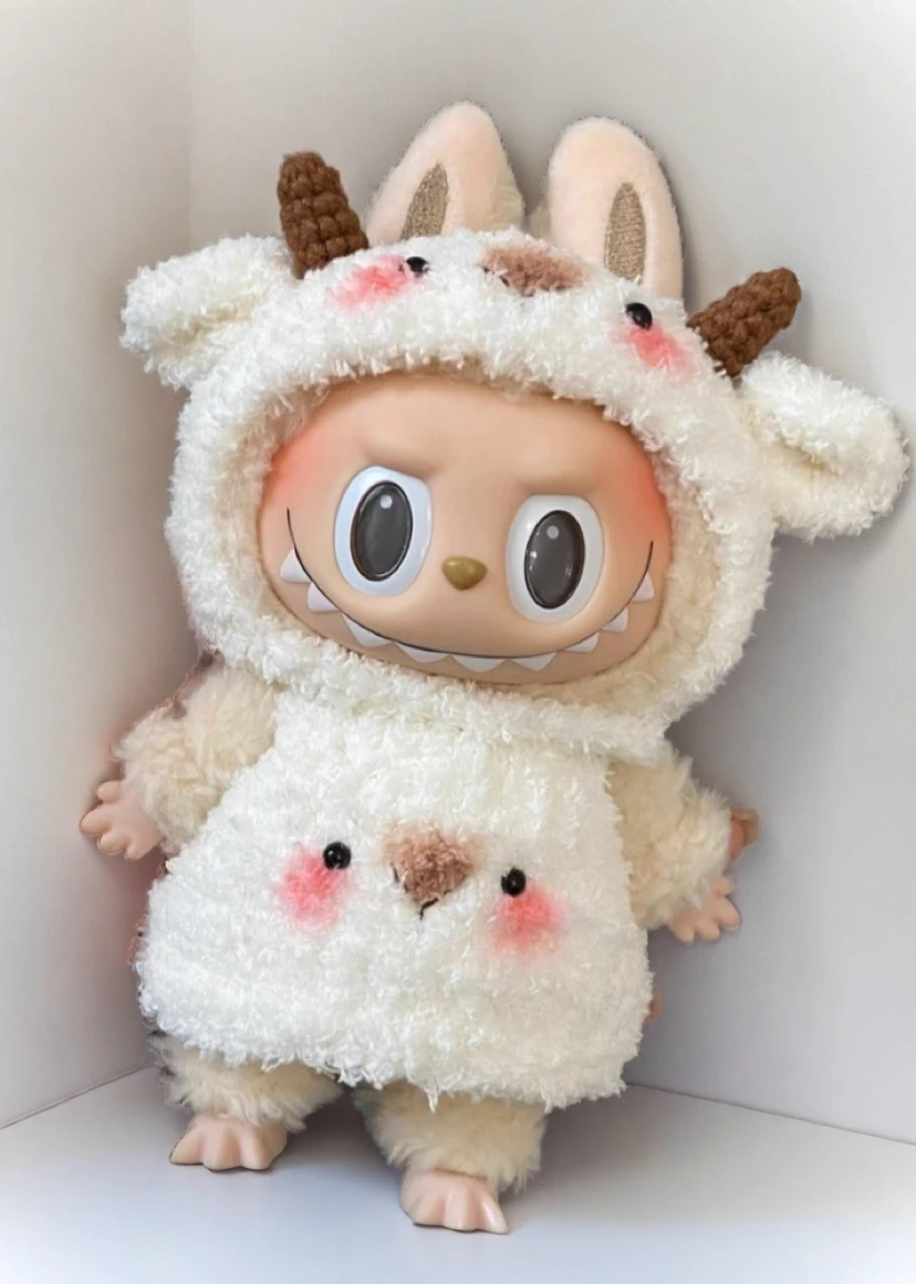 Labubu Fluffy Goat Costume Set - Cream White Onesie With Horns (17cm) 3 Labubu Fluffy Goat Costume Set - Cream White Onesie With Horns (17cm)