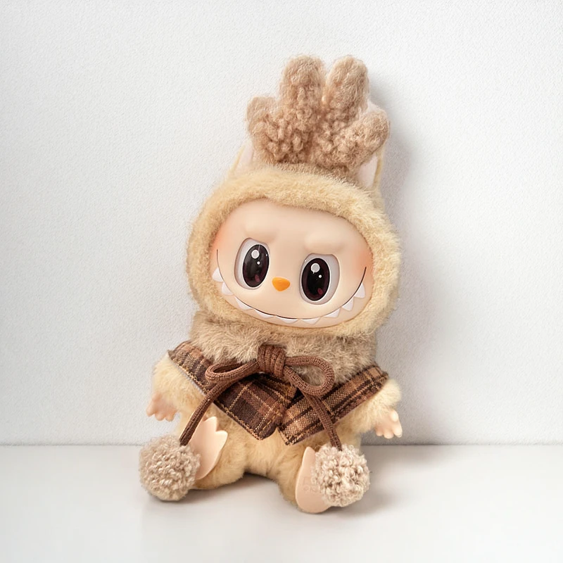 Labubu Cozy Reindeer Set - Beige Plush & Plaid Scarf Character Costume 3 Labubu Cozy Reindeer Set - Beige Plush & Plaid Scarf Character Costume