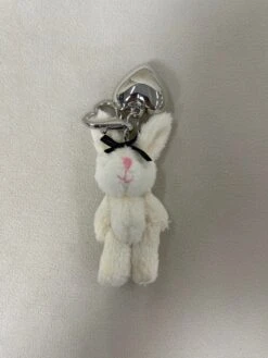 Fluffy Bunny Bag Charm With Silver Heart -Bobby Sales whiterabbitwithblackribbon